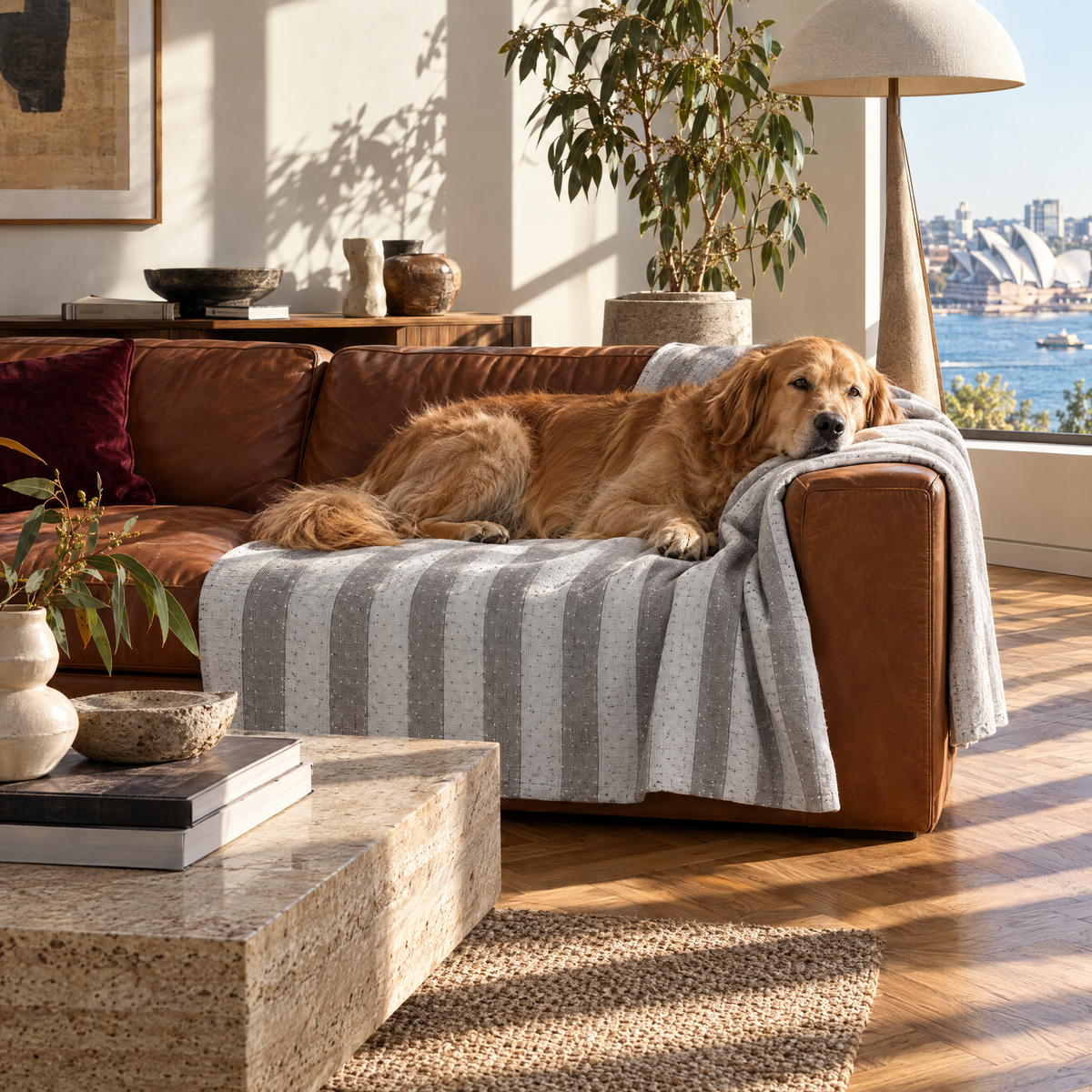 ShedShield Cooling Throw in Slate Stripes with golden retriever on sofa