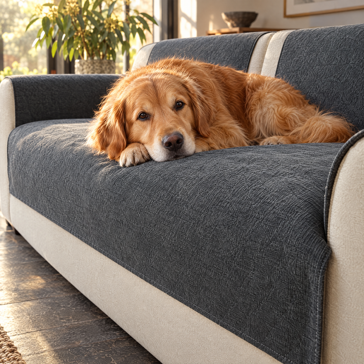 CleanEasy Sofa Cover in Slate Shadow with golden retriever