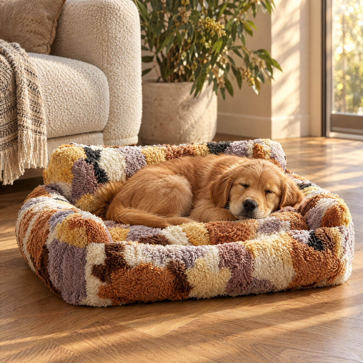 SnugSofa Pet Bed in Toffee Cloud with golden retriever puppy