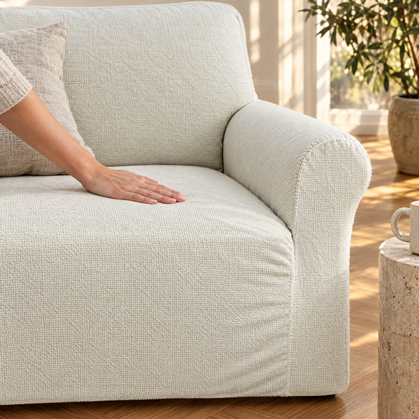SpillGuard Sofa Cover in Ivory Cream fitted on sofa