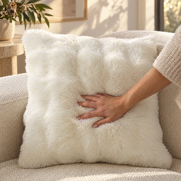CloudFur Cushion Cover in Winter Snow in use