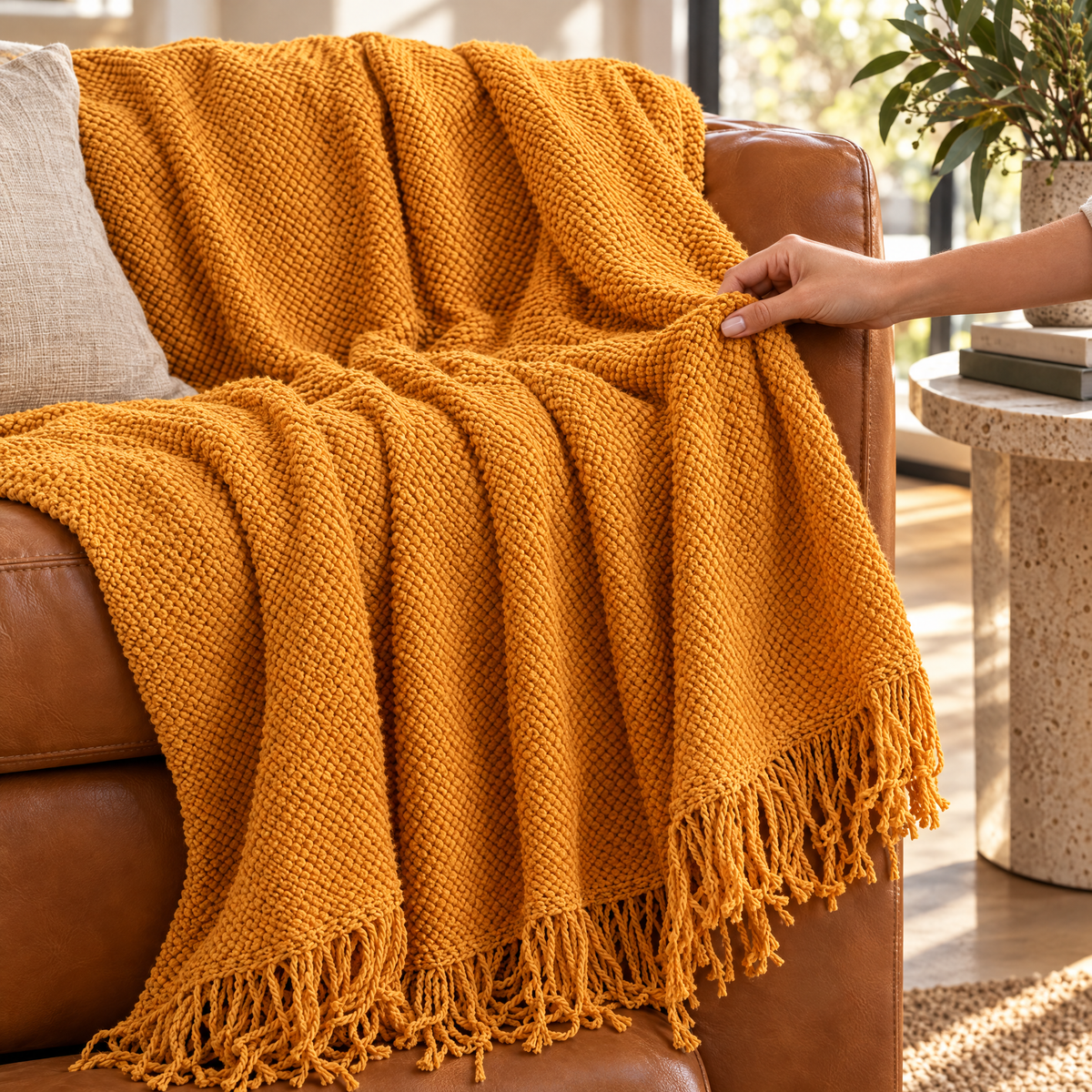 CosyWaffle Throw Blanket in Honey Amber in use