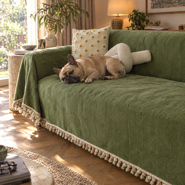 Pet Friendly Herringbone Tassel Luxe Sofa/Couch Cover in Moss Meadow – living room