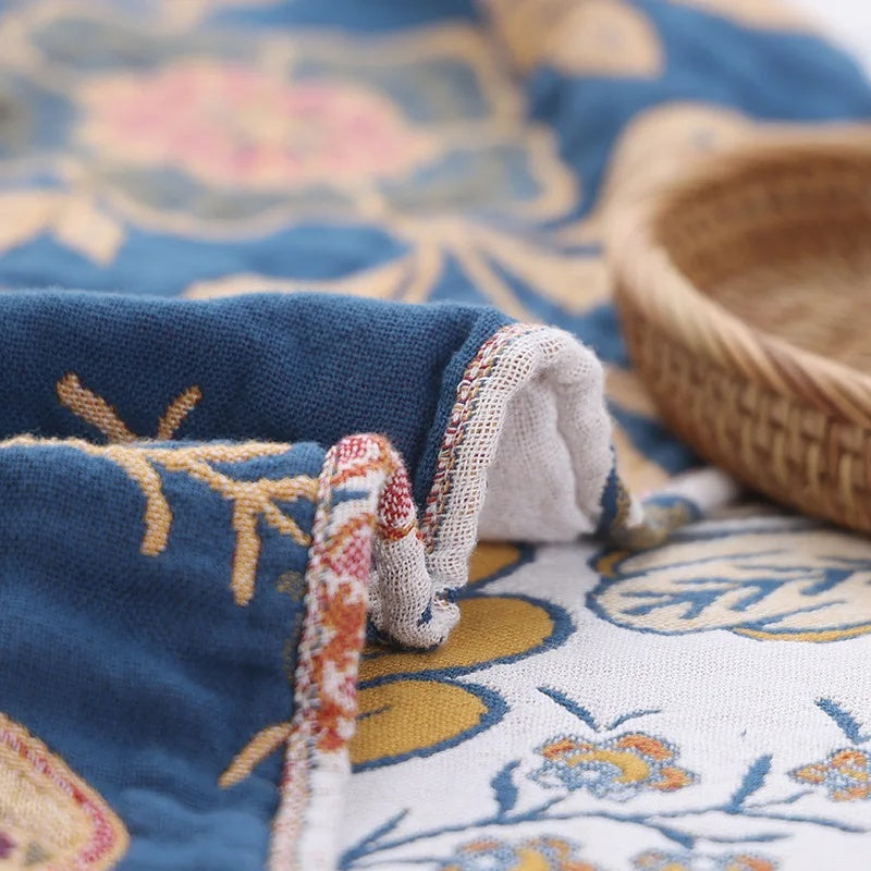 Floral Cotton Throw Blanket - Reversible Tassel Bedspread