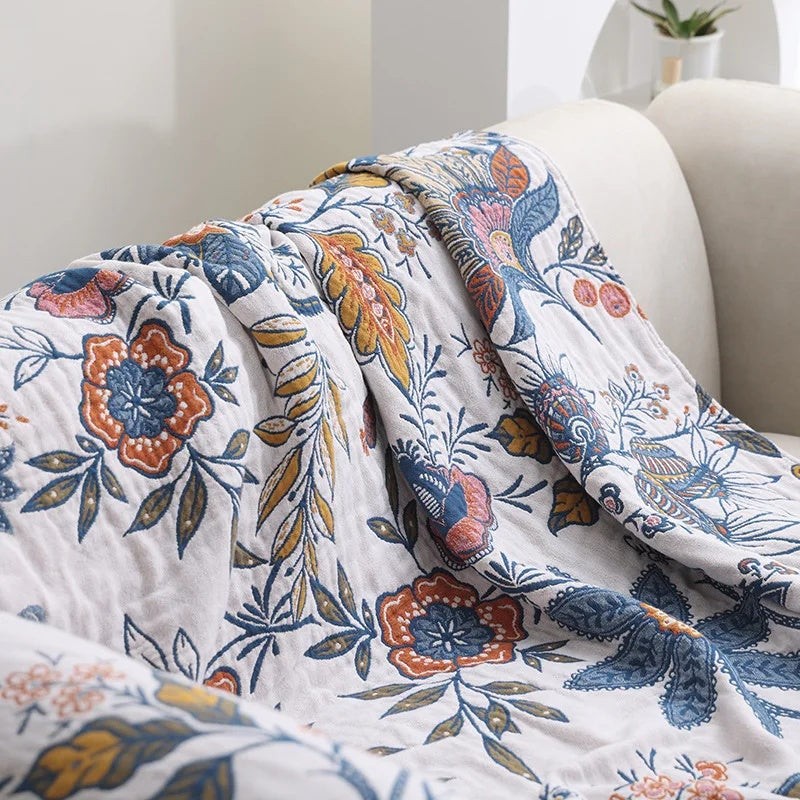 Floral Cotton Throw Blanket - Reversible Tassel Bedspread