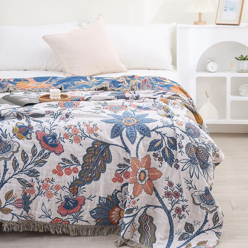 Floral Cotton Throw Blanket - Reversible Tassel Bedspread